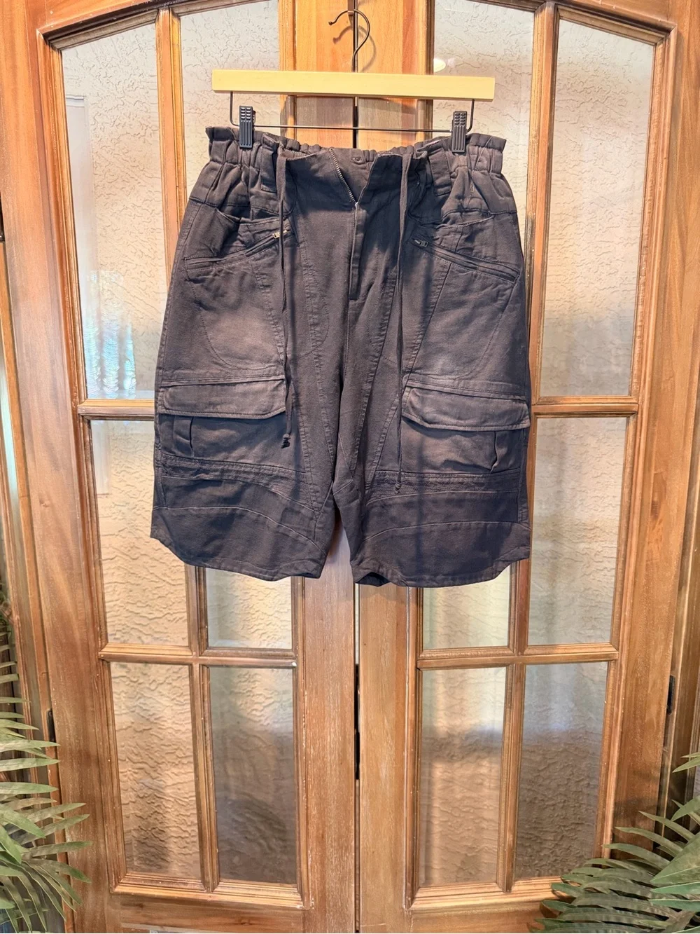 NWT Free People Weathered Charcoal Black Cargo Shorts with Elastic Waist and Tie